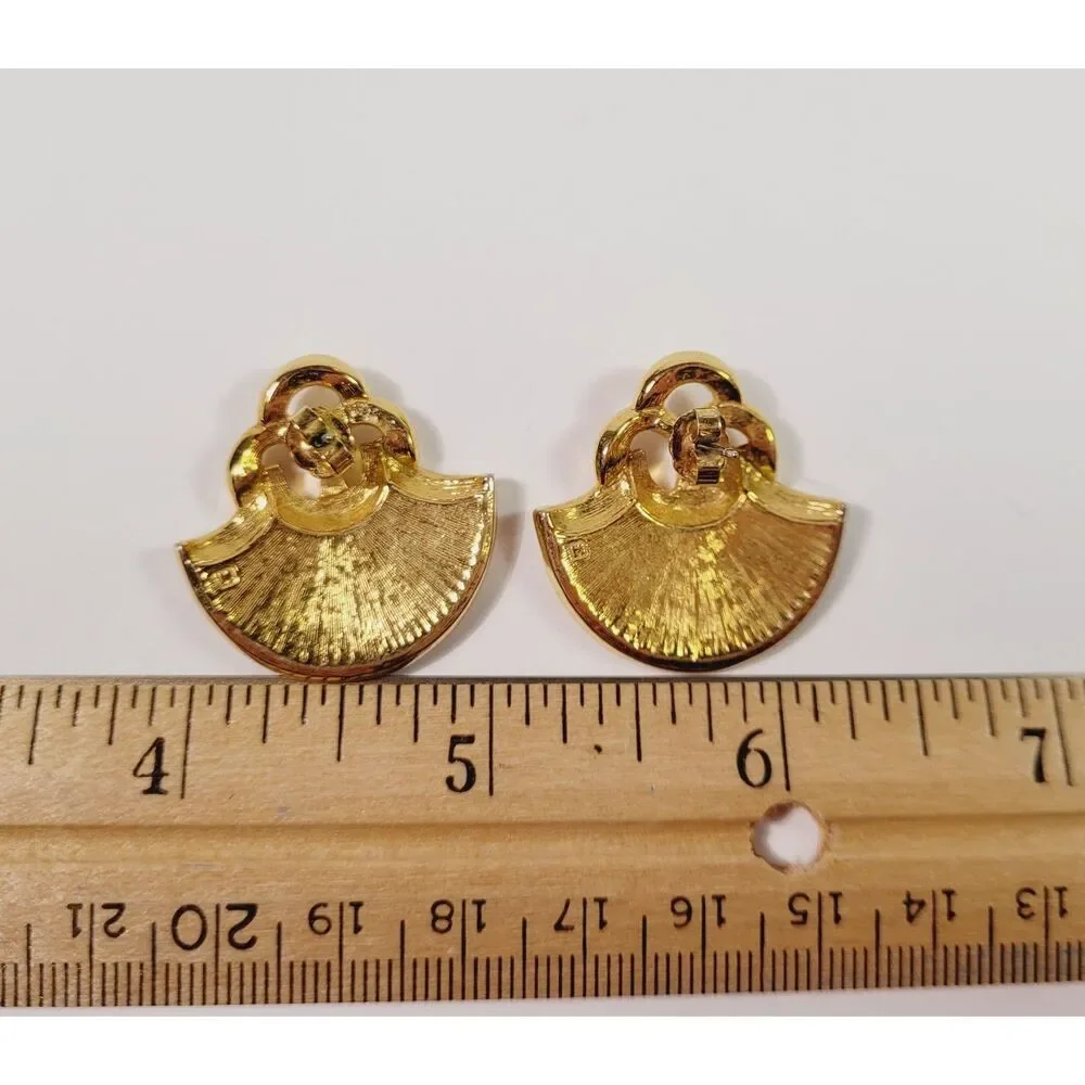 Vtg Avon Ivory Enamel Vogue Style Gold and White Stud Earrings Fan Shape 1980s